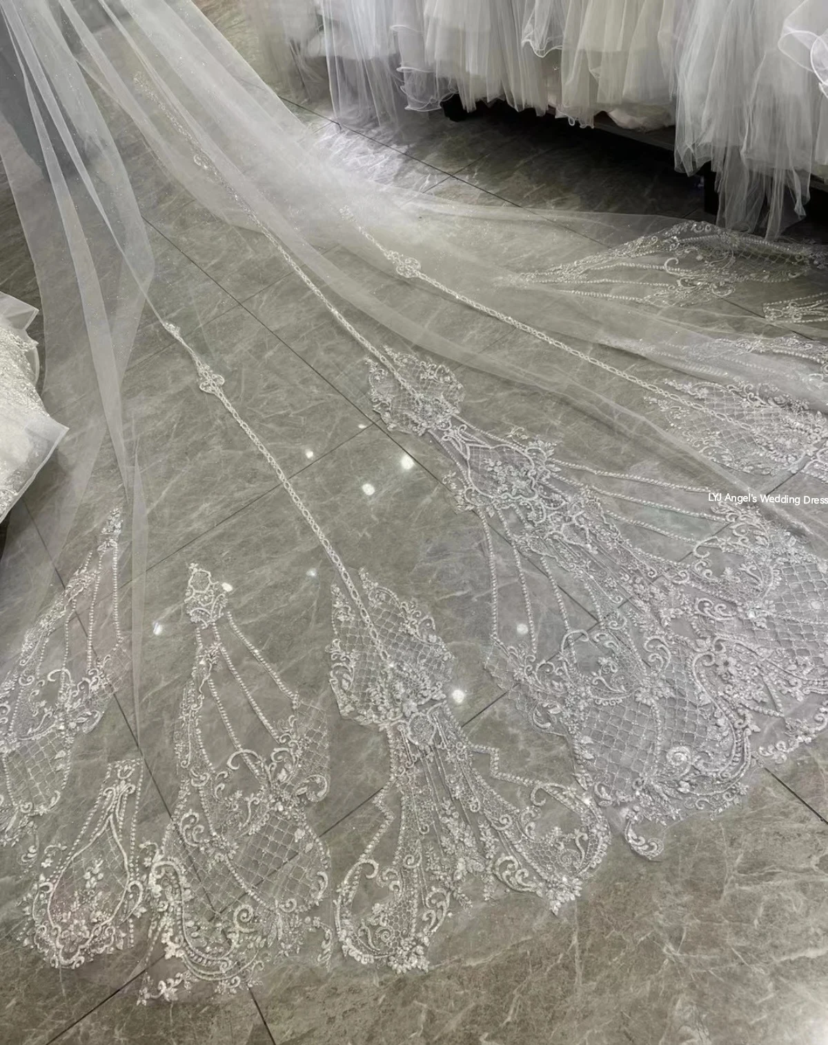 Real Photo 350cm Long One Layer Glitter Wedding Veil with Comb Luxury Lace Edge Appliqued Cathedral Bridal Veil for Weddings