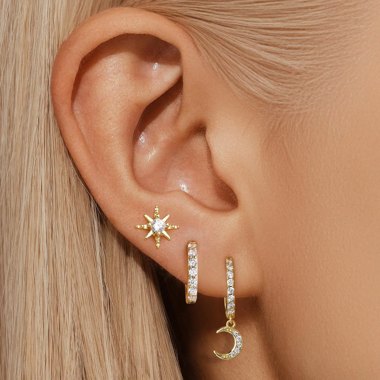 3 Stück 14 Karat vergoldete Huggie-Creolen, baumelnde Ohrringe, Zirkonia, Sonne, Mond, Piercing, hypoallergen, Creolen-Set für Frauen