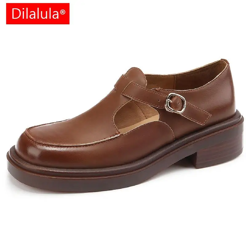 

Dilalula Retro Style Concise Women Pumps Spring Autumn Thick Heeled Genuine Leather Buckle Shoes Woman Dress Office Ladies