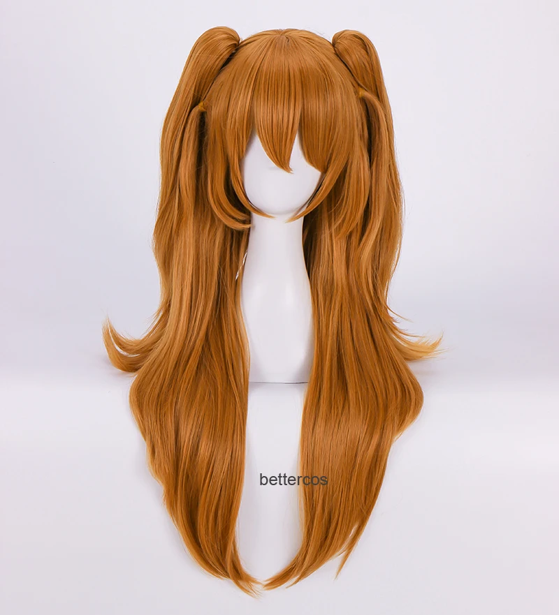 Hochwertige EVA Asuka Langley Soryu Cosplay Perücken lang orange mit 2 Pferdeschwanz-Clips hitzebeständige Kunsthaar-Perücke + Perückenkappe – Detail 1