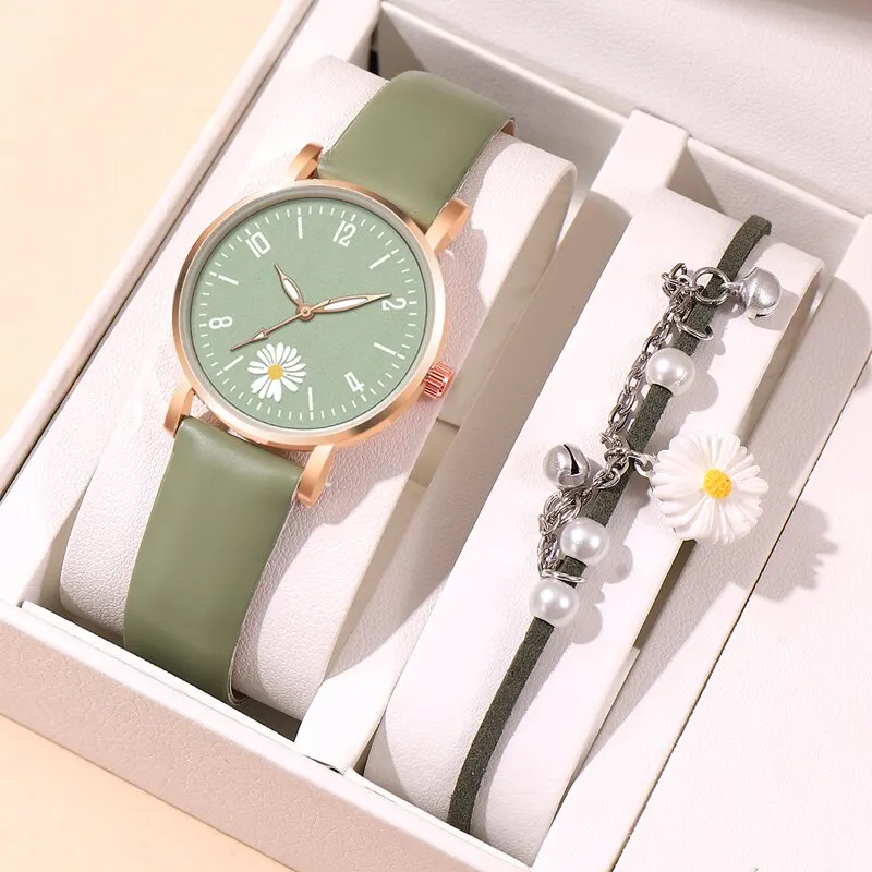 Small Daisies Bracelet Watch Women Fashion Casual Leather Watches Simple Ladies Small Dial Quartz Wristwatch Reloj Mujer 2PC Set women watches
