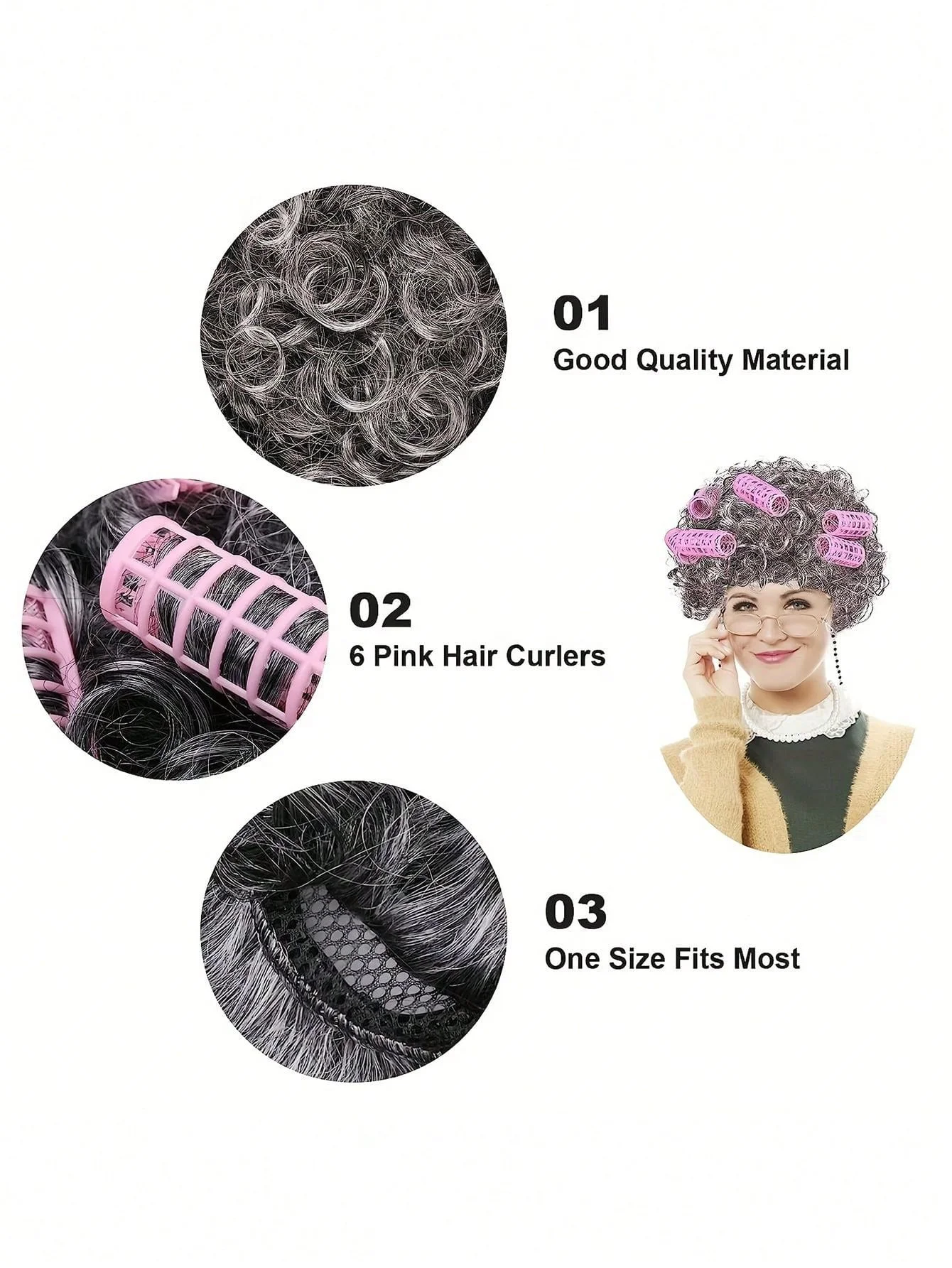 Old Lady Costume Set - Grandmother Synthetic Wigs, Wig Caps, Granny Glasses, Glasses Retention Chains, Pearl Necklaces