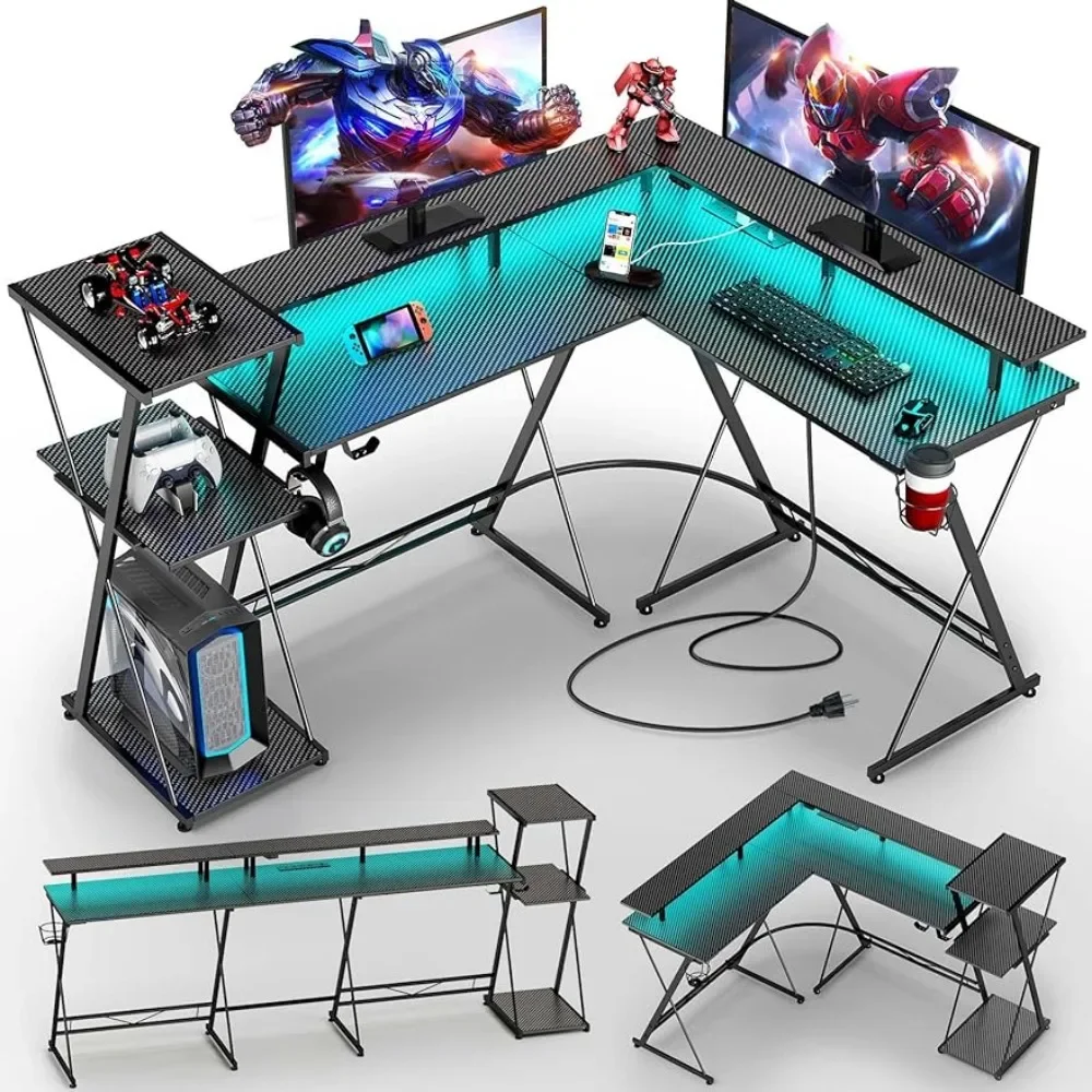 L Shaped Gaming Desk with LED Lights Power Outlets,50”Reversible Computer Desks Storage Shelf Monitor Stand,Headphone ,Black