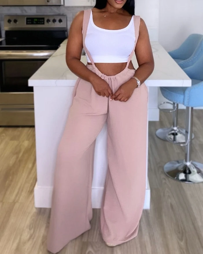 Women's Overall Daily Casual Summer Fashion Solid Color Drawstring Tie Details Ruched High Waist Wide Leg Suspender Jumpsuit