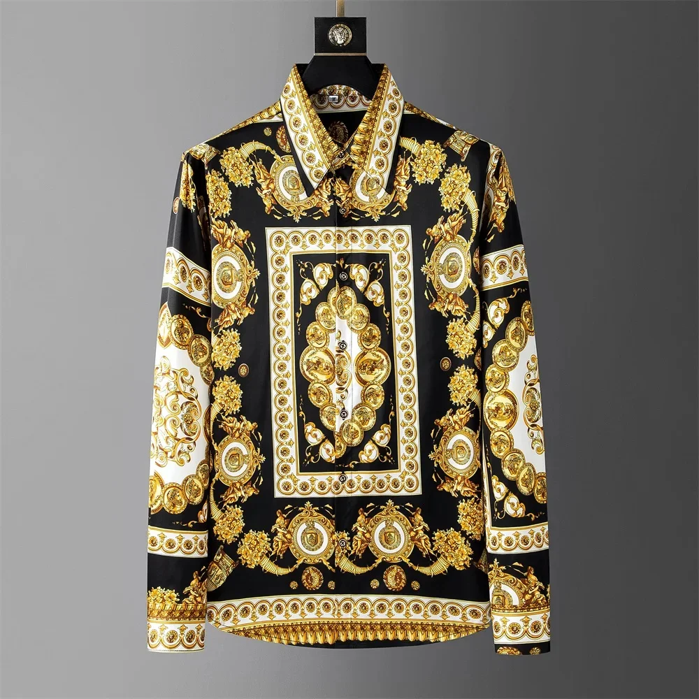 

Luxury Retro Printed Shirt for Men High Quality Long Sleeved Loose Fit Casual Social Party Business Formal Dress s