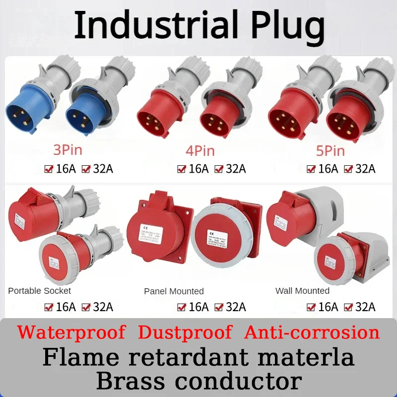 

16/32A Industrial Plug and Socket 3P/4P/5Pin Electrical Connector IP67/IP44 Wall Mounted Socket Male&Female Plug