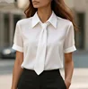 Women's Short Sleeve Blouse With Neck Tie Collar Elegant Office Shirt 5 Women's Short Sleeve Blouse With Neck Tie Collar Elegant Office Shirt 5
