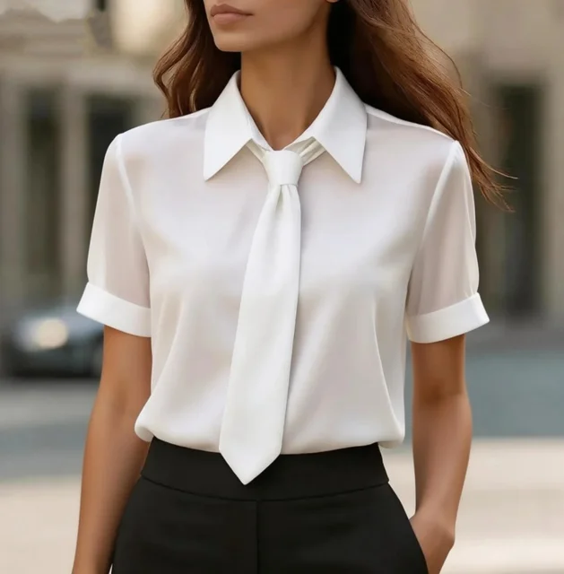 Women's Short Sleeve Blouse With Neck Tie Collar Elegant Office Shirt 5 Women's Short Sleeve Blouse With Neck Tie Collar Elegant Office Shirt 5