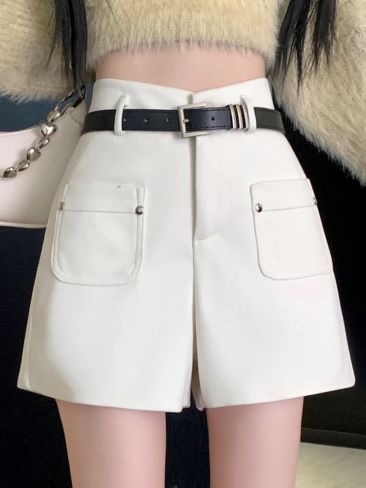 QOERLIN Stylish Woolen Boost Shorts Women Winter Autumn High Waist A-Line Wide Leg Loose Casual Black Shorts Pocket Fashion 2024