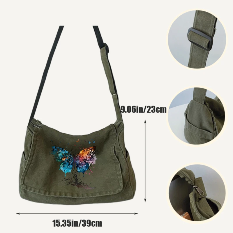 Artistic Women's Shoulder Bag Butterfly Print Canvas Large Capacity Messenger Bag Daily Use Crossbody Bag