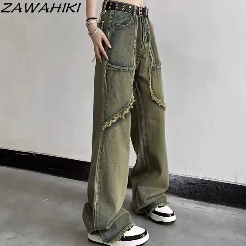 

Vintage Washed Distressed Solid Color Frayed Loose Women Jeans Straight Patchwork High Street Chic Casual Streetwear Denim Jeans