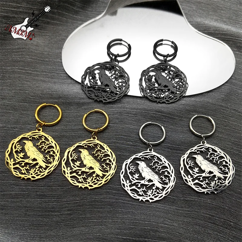 Goth Krähe Creolen für Frauen Edelstahl Gold Farbe Hohl Tier Rabe Ohrringe Schmuck Halloween Geschenk EZZZ955S06
