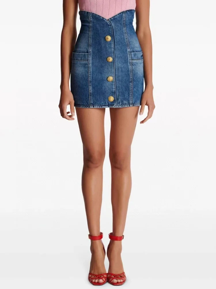 

Designer's retro single-breasted irregular high-waisted denim skirt 2024 summer women's new fashion all-match sexy bag hip skirt