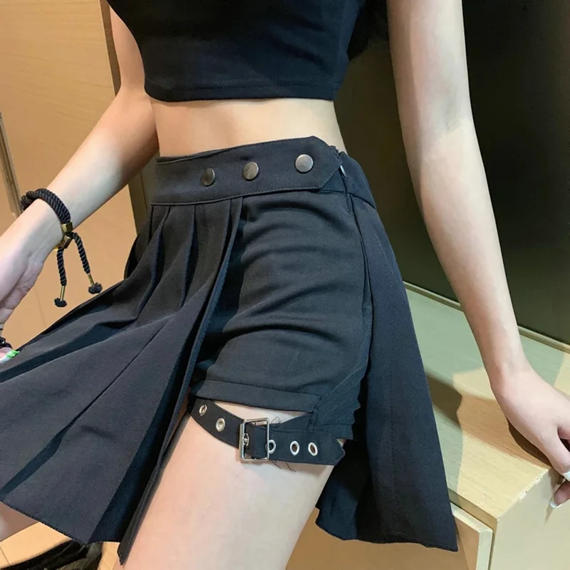Sexy Gothic Women's Dress High Waist Irregular Pleated Punk Black Summer Dress Girls' Dress Belt Safety Pants Korean Style