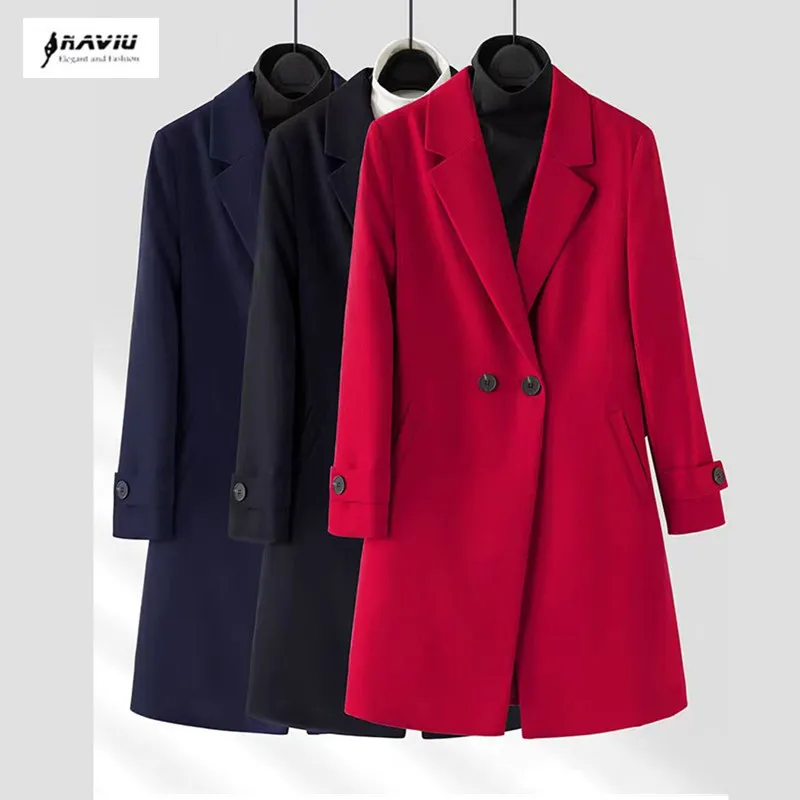 

NAVIU Middle Length Style Trench Women High End Autumn Winter Temperament Red Professional Formal Overcoat Black