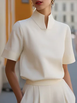 Split Neck Short Sleeve Blouse Women Elegant Stand Collar Half Sleeve Top Office Lady 1