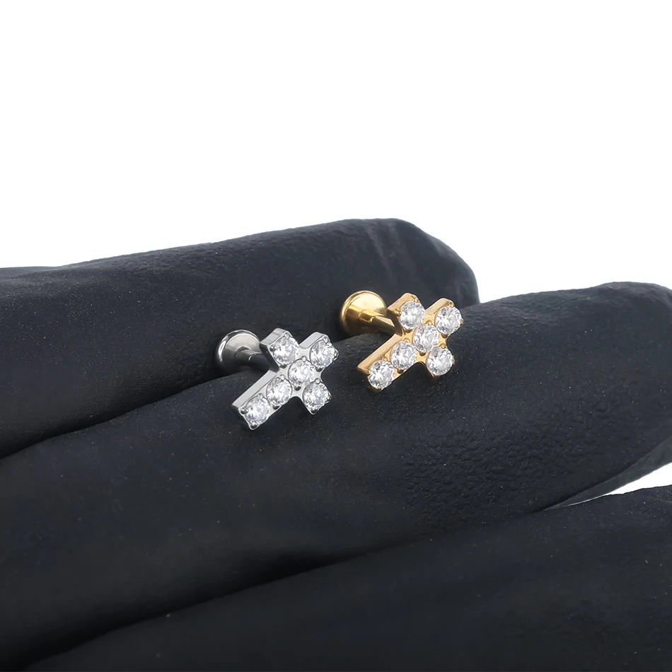 1/5pcs Implant Grade Titanium Labret Piercing Internally Threaded Flat Back Stud Earring with CZ Paved Cross Top Body Jewelry 5