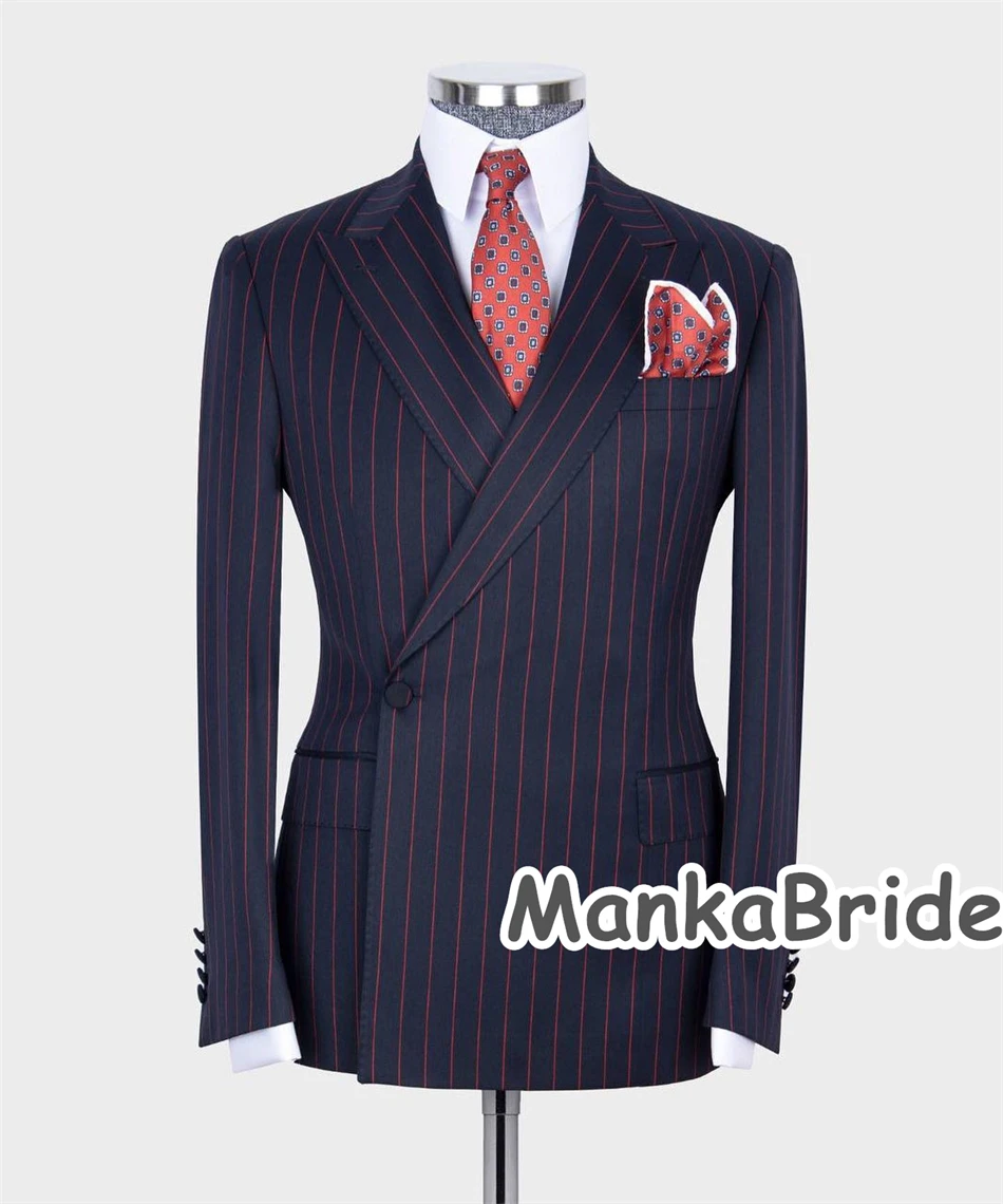 Navy Blue Striped Double Breasted Men's Suit 2pcs Blazer Pants for Wedding Groom Tuxedo Autumn/Winter Formal Business Wear Men Wedding Suits