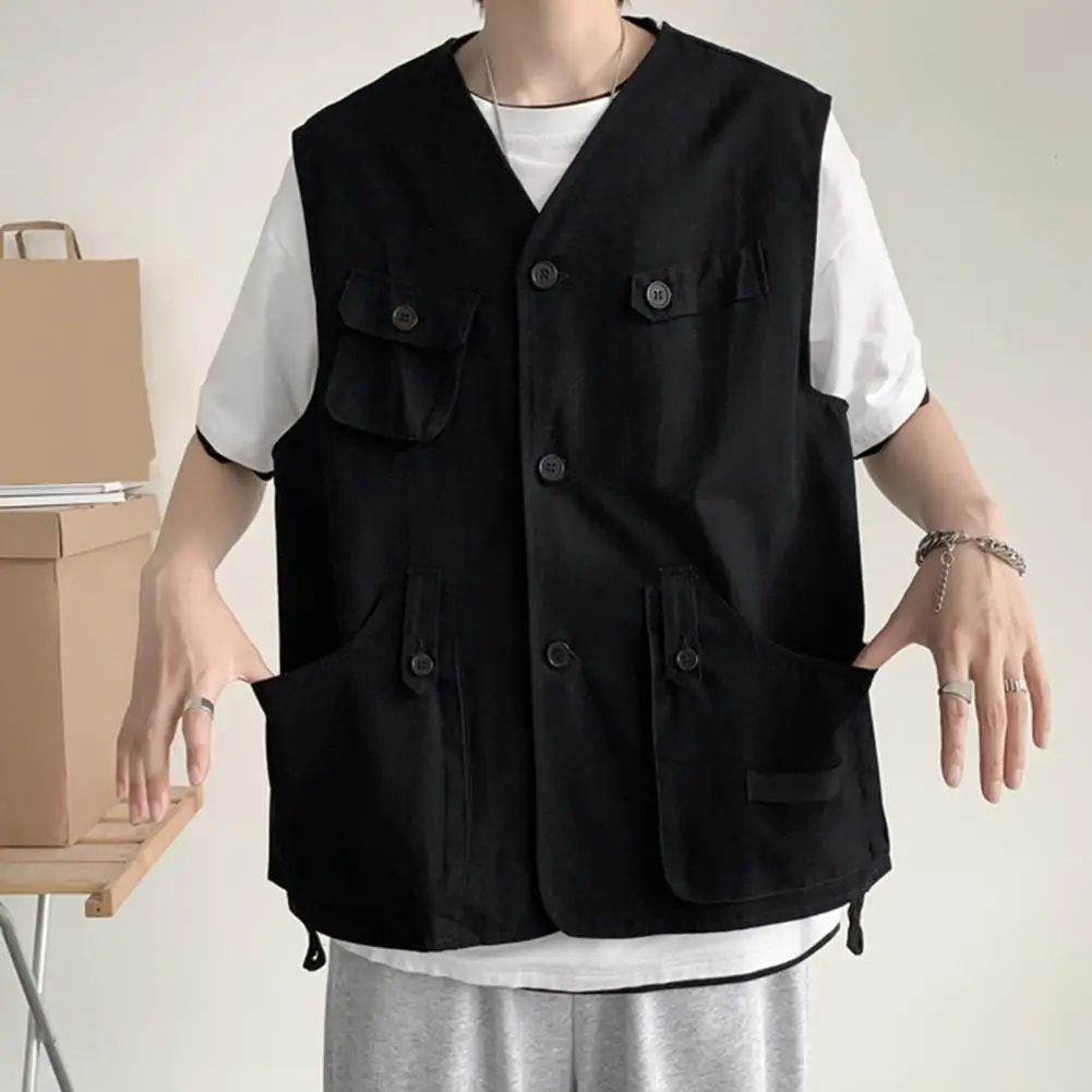Description Picture 5 of itemMen Cargo Waistcoat Men's Collarless Cargo Waistcoat with Multi Pockets Solid Color Outdoor Vest Coat for Style Sports Vest Coat