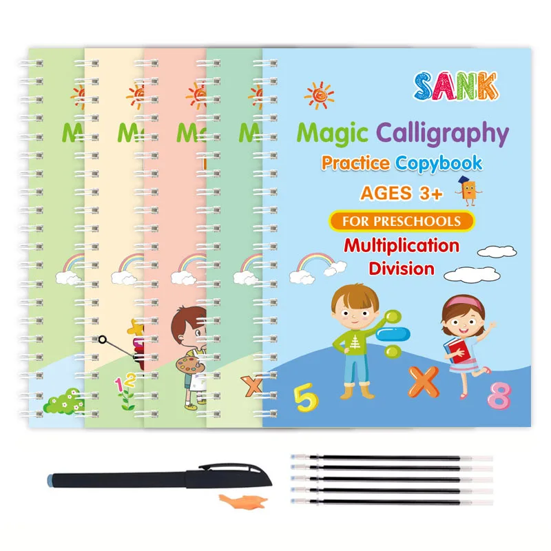 

5 Books Children's Reusable Exercise Book Magic Calligraphy Number Letterspainting Multiplication and Division Exercise Math
