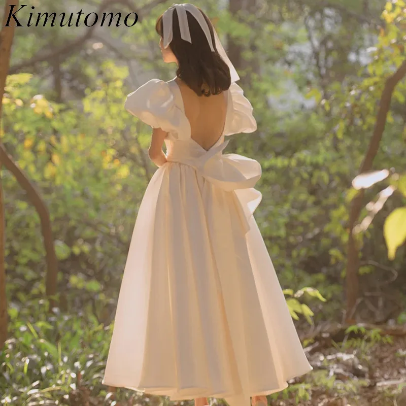 

Атласное платье Kimutomo с открытой спиной и бантом, с короткими рукавами-фонариками, простой дизайн, универсальные свадебные платья, элегантные платья во французском стиле