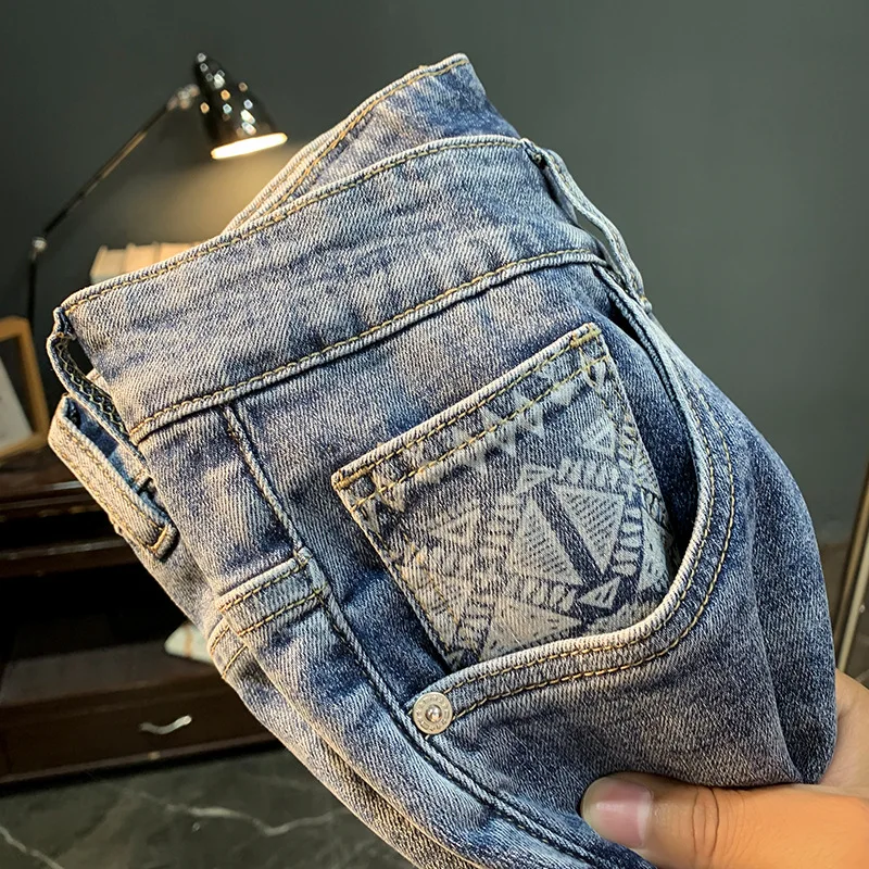 Summer Men's Denim Shorts2024Annual Thin High-End and Fashionable Printed Straight Short Pants Fashion Brand Casual Blue Shorts