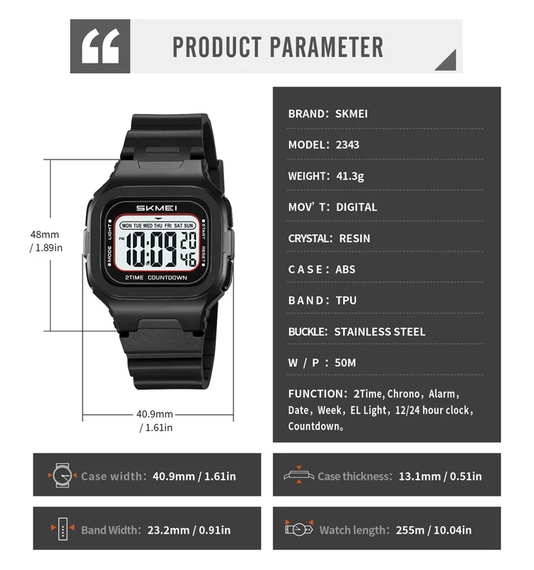 SKMEI 2343 LED Military Digital Watch for Men Sports Waterproof Shockproof Mens Wristwatches Didplay Alarm Clock Reloj Hombre