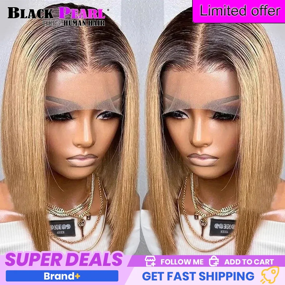 Black Pearl Ombre Straight Bob 13x6X2 Lace Front Wigs Human Hair Short Bob Wigs Ash Blonde Remy Hair Pre Plucked Wig with Bangs