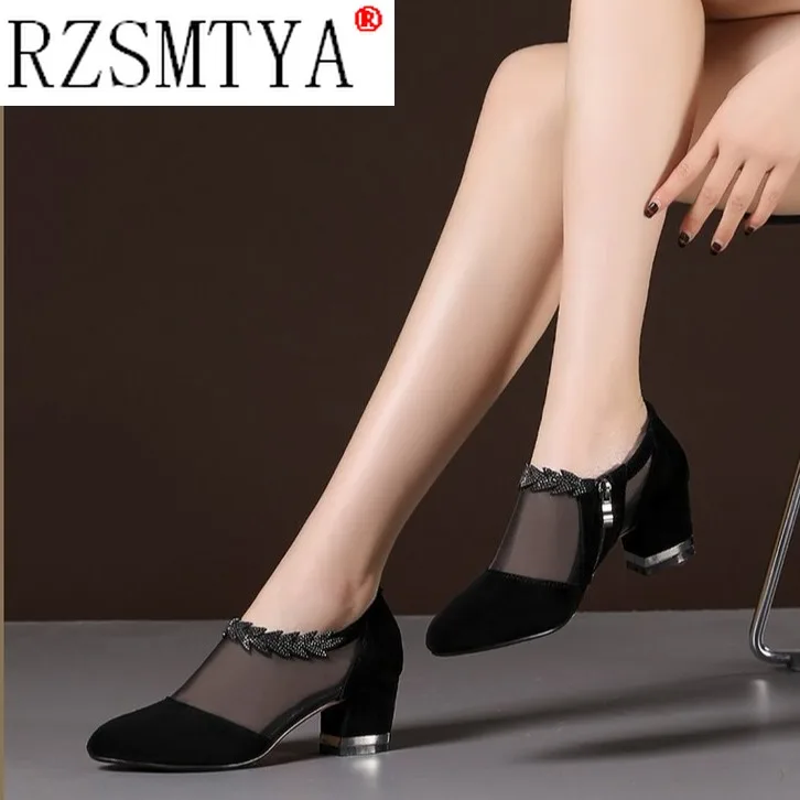 Women High Heel Shoes Mesh Breathable Pumps Zip Pointed Toe Thick