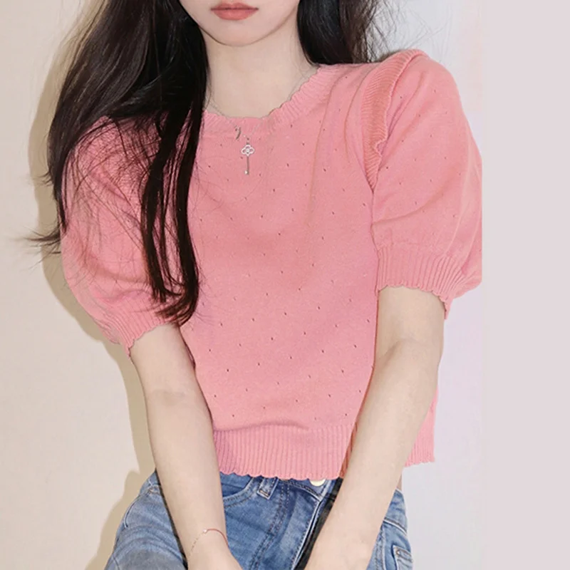 

2023 Summer New Unique Short Sleeve Top Unique Design Sense Small French Soft Pink Knitted T-shirt Women