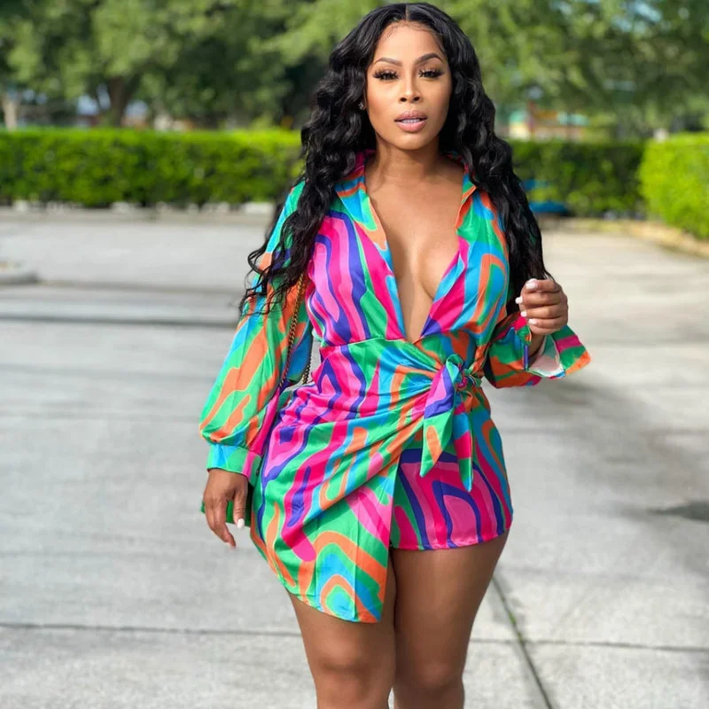 

Платье WUHE женское атласное с принтом, с отложным воротником и отложным воротником, с длинным рукавом, асимметричное стильное мини-платье-рубашка, уличная одежда