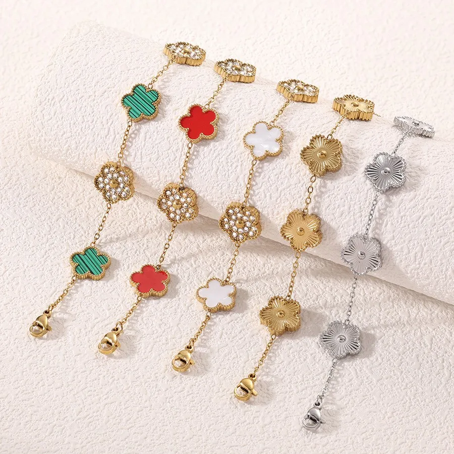 Stainless Steel Bracelet 1 piece stainless steel zircon mother of pearl five leaf flower bracelet women simple fashionable gift