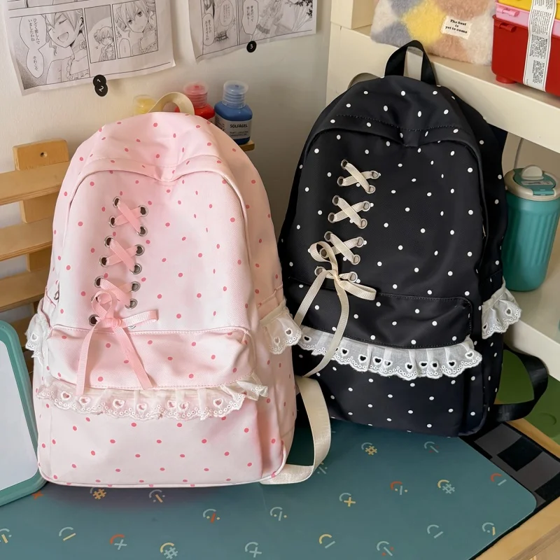 Kawaii Polka Dot Aesthetic Preppy Backpack with Bow and Ruffed Lace Campus Bookbag Coquette Travel Casual Daypack for Girls 1