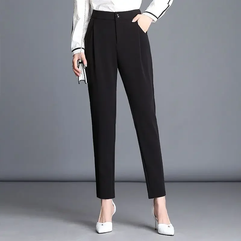 Women Pants Korean Style Spring Summer High Waist New Straight Slim Pockets Button Fashion Elegant Casual Trousers