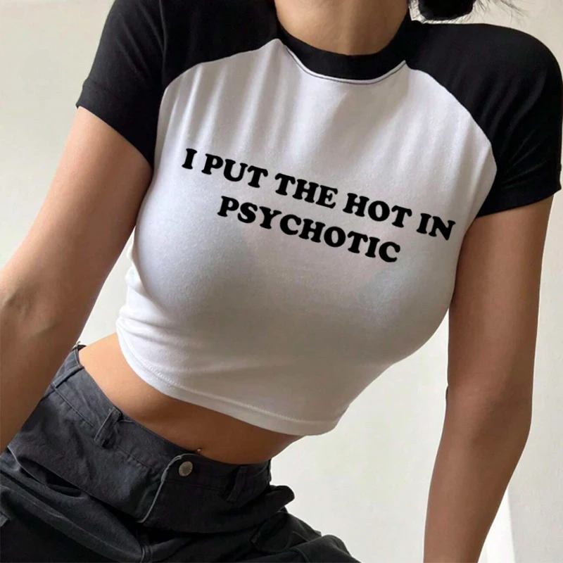 Frauen Vintage T-Shirt Ich habe das heiße in psycho tischen Buchstaben Grafik y2k Crop Tops niedlichen Baby T-Shirt 2000s E-Girl Streetwear Sommer T-Shirt