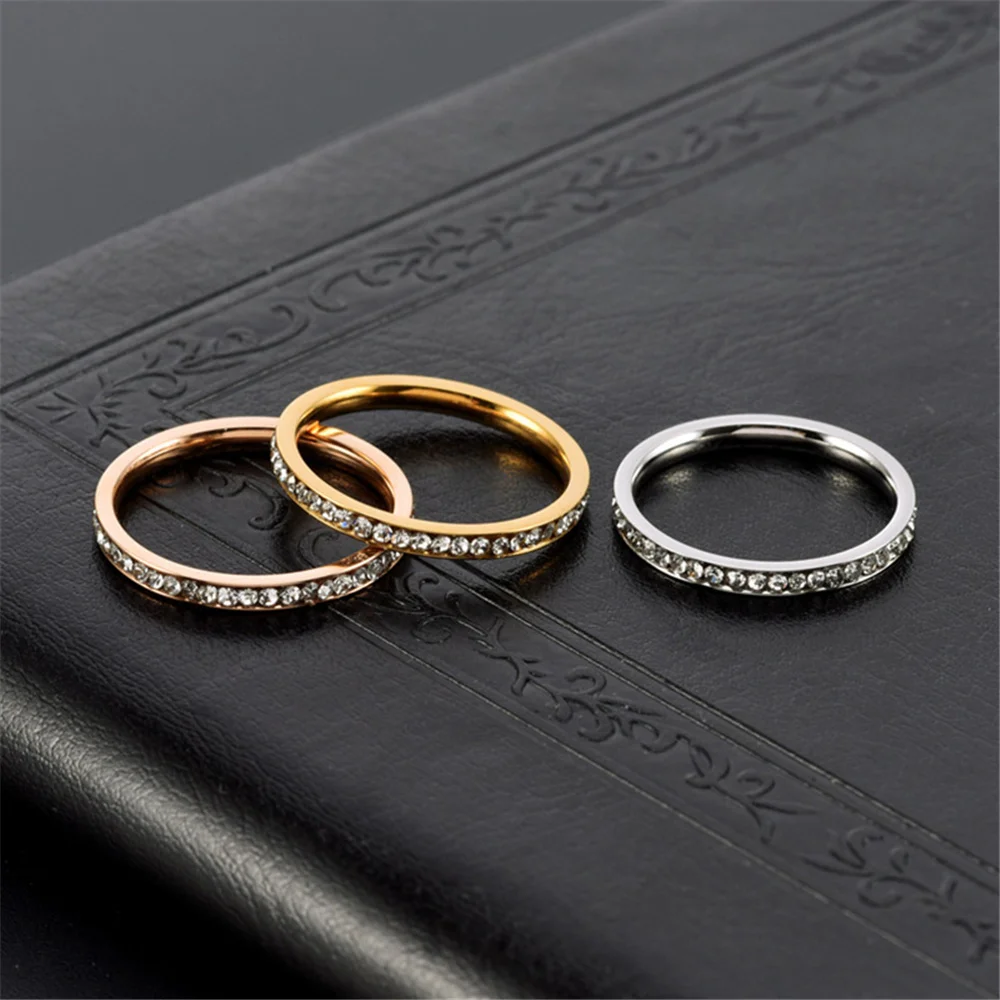 Iced Out Cubic Zirconia Ring Female Gold Silver Color Stainless Steel Wedding Rings For Women Fashion Jewelry Gift 2mm wedding rings