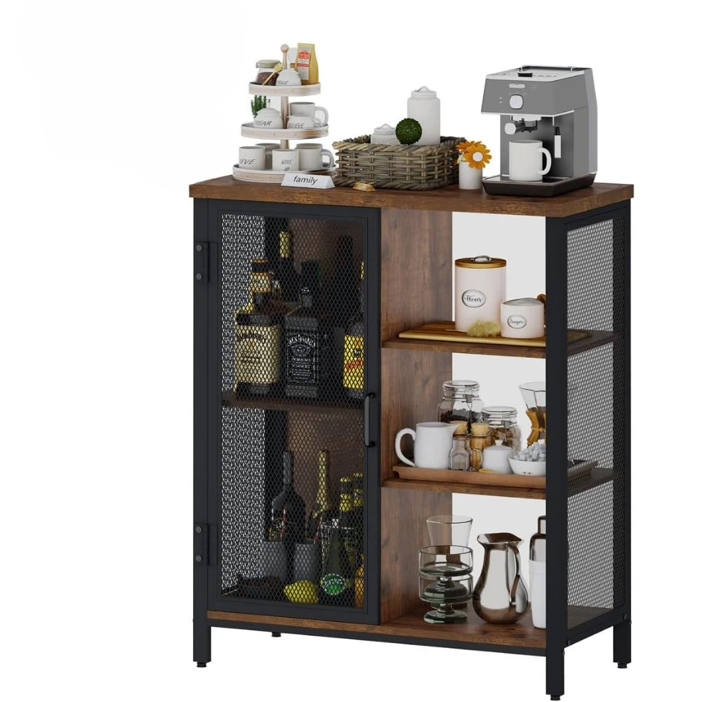 Coffee Bar Cabinet for Home, Buffet Sideboard for and Dining Room, Small Wood Metal Storage Cabinet with Adjustable Shelves