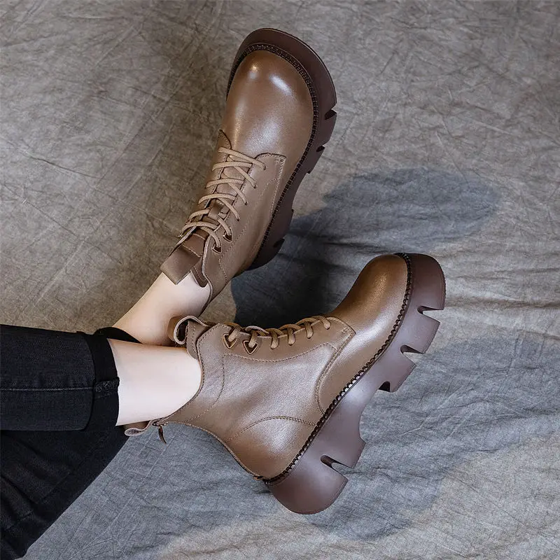 

Fashion Ankle Boots Women Shoes 2023 Platform Lace Up Vintage Retro Booties Comfy Leather Chunky Female Sneakers Botas De Mujer