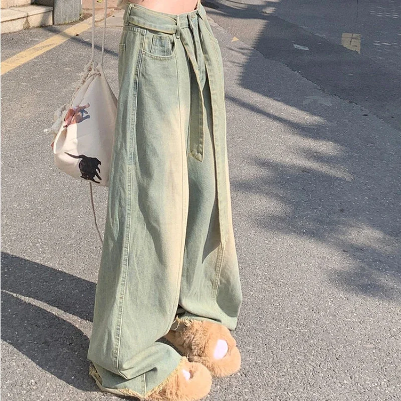 

Women Jeans Do Old Bandage Wide Leg Dragging Pants Raw Edge Baggy Jeans Woman Casual Vintage Straight Pants Female