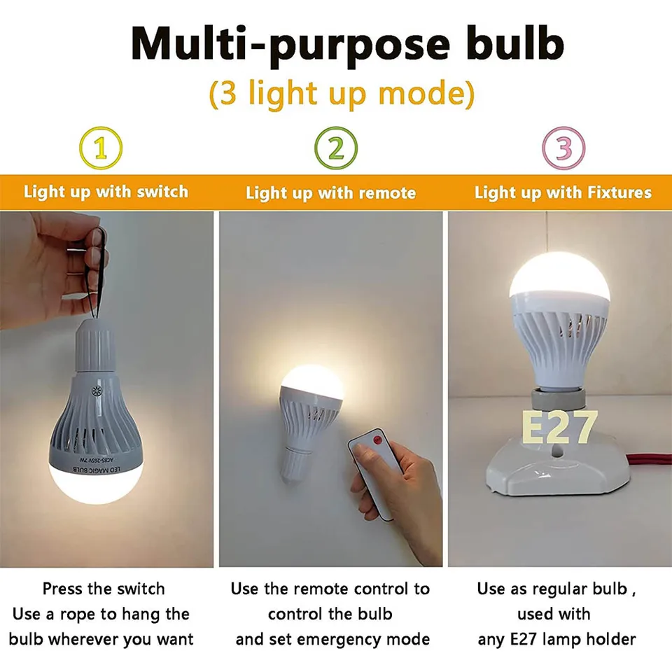 Ampoule LED E27 Rechargeable Avec Télécommande - 7W, 3 Couleurs, Minuterie, Idéale Camping/urgence