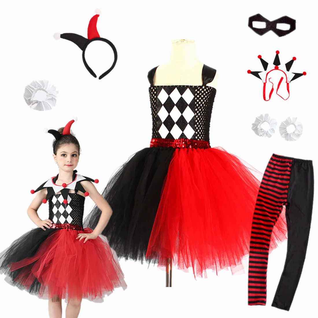 Clown Carnival Fancy Tutu Dress Jester Costume Kids Mischief Maker Outfit Girls Villain Cosplay Halloween Party Clothes Dress