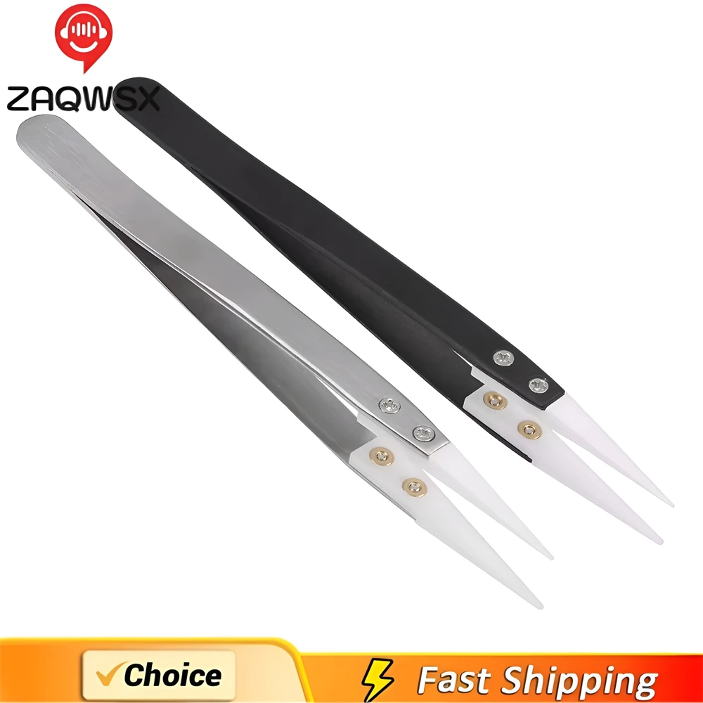Ceramic Tip Tweezers 1/2pcs Stainless Steel Antimagnetic High Temperature Resistant Non-Conductive Tip