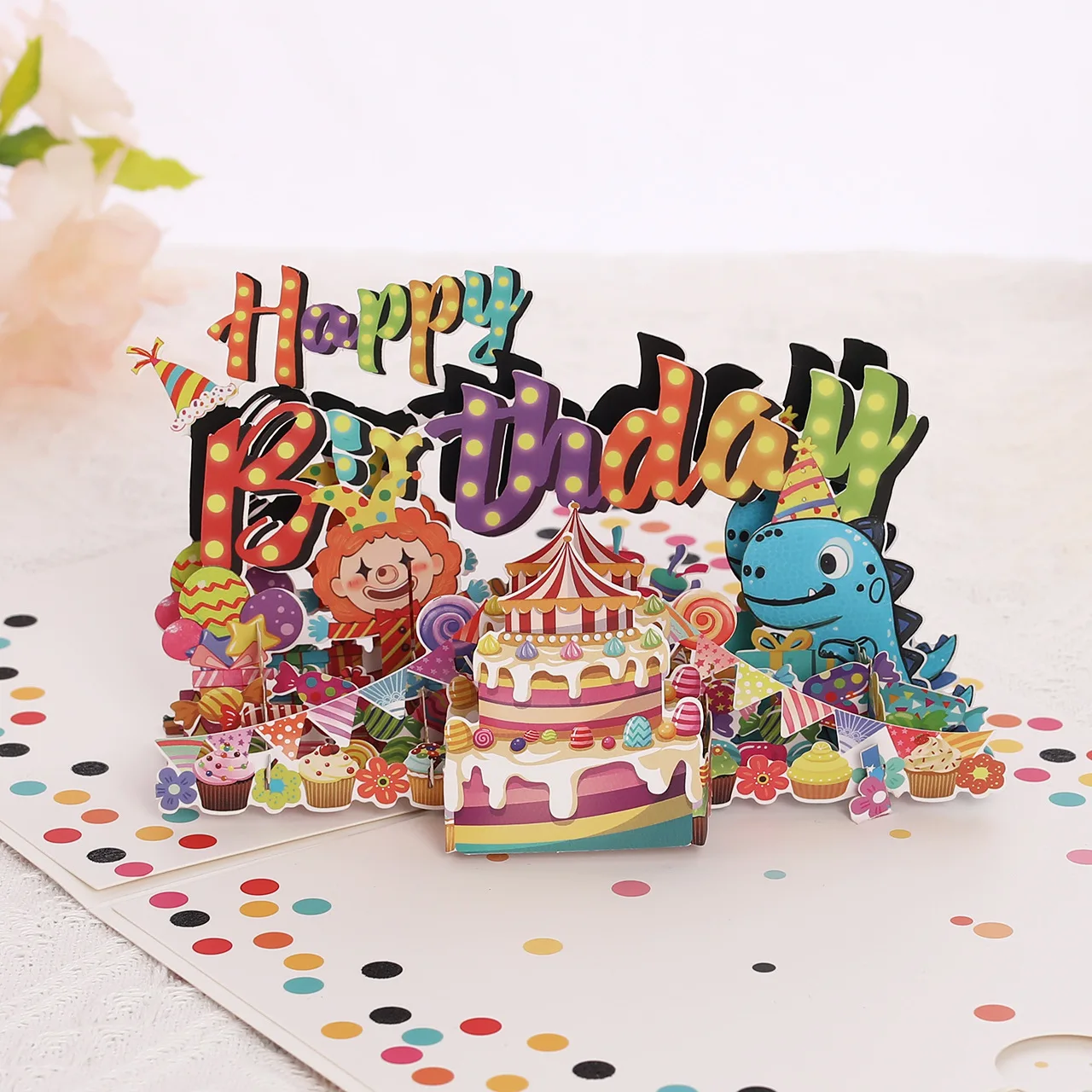 2pcs Colorful 3D Birthday Card Circus Style Blessing Card Cartoon Clown Dinosaur Paper Sculpture Message With Envelope