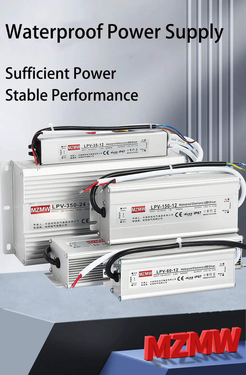 MZMW IP67 Waterproof Switching Power Supply LPV Series 15W 20W 25W 35W 100-240V AC TO DC 12V 24V LED Driver Lighting Transformer