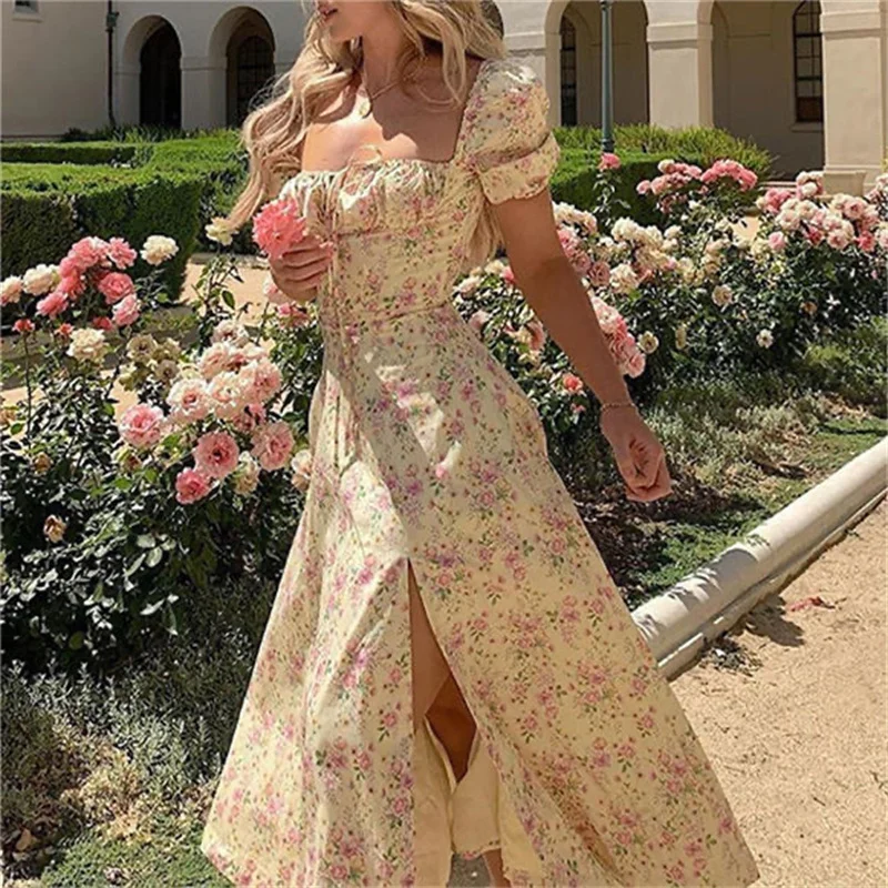 

2024 New Summer Europe The United States Fashion Temperament Women's Spring New Print French Floral Slim-fit Halter Split Dress