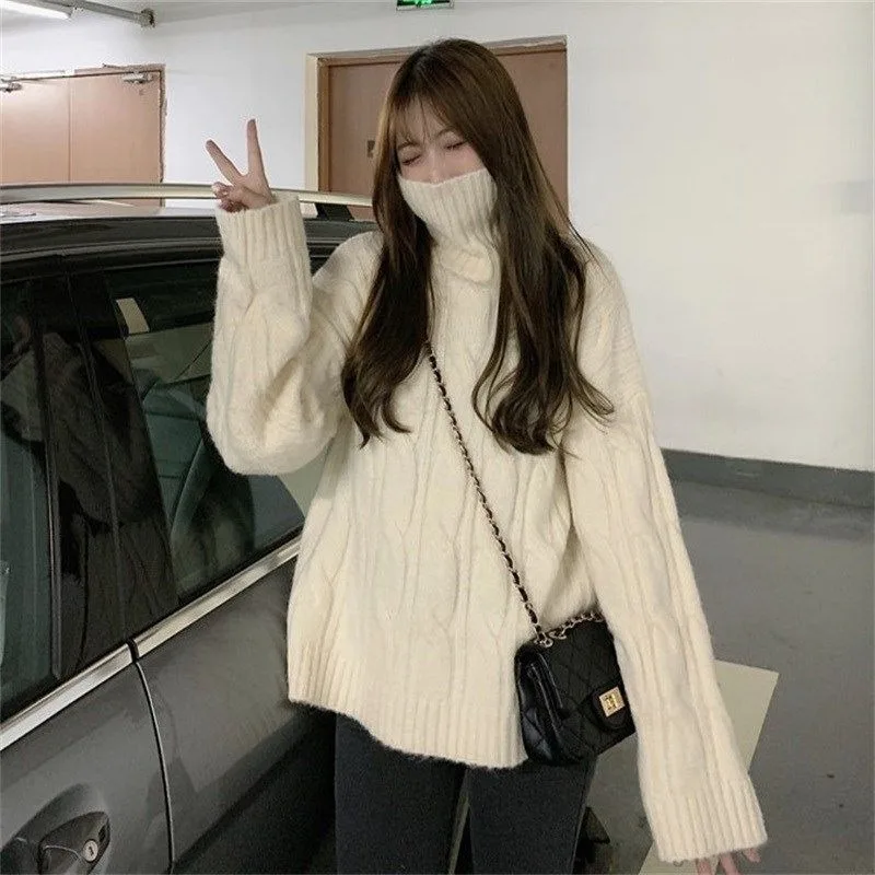 

Korean High Neck Fried Dough Twists Sweater Women Gentle Fashion Solid Temperament Loose Sweet Thicken Winter Female Knitwear