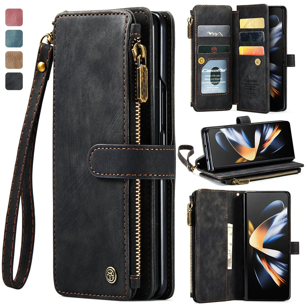 

for Samsung Galaxy Z Fold 3/4 Wallet Case,Durable PU Leather Magnetic Wallet Flip Lanyard Strap Wristlet Zipper Card Holder Case