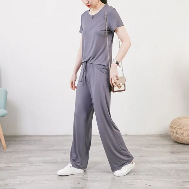 2pcs Summer Modal Homewear Pajamas set Short sleeve Tops and Trousers Solid color Casual Loose Sleepwear suit Plus size