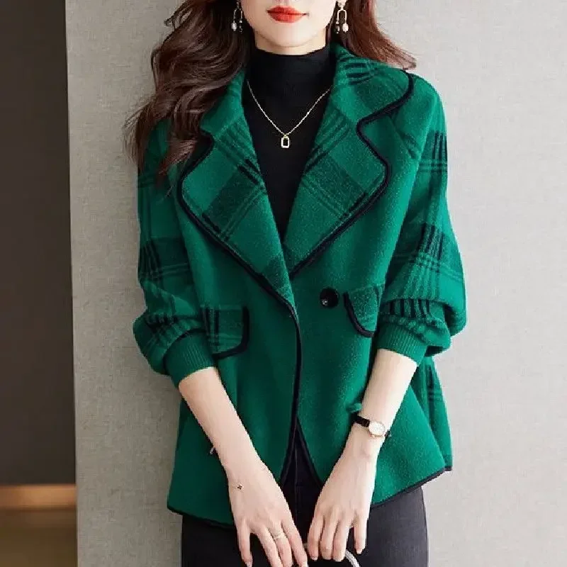 Colorblock Plaid Crop Clothes Coats for Women Loose Wool Blend
