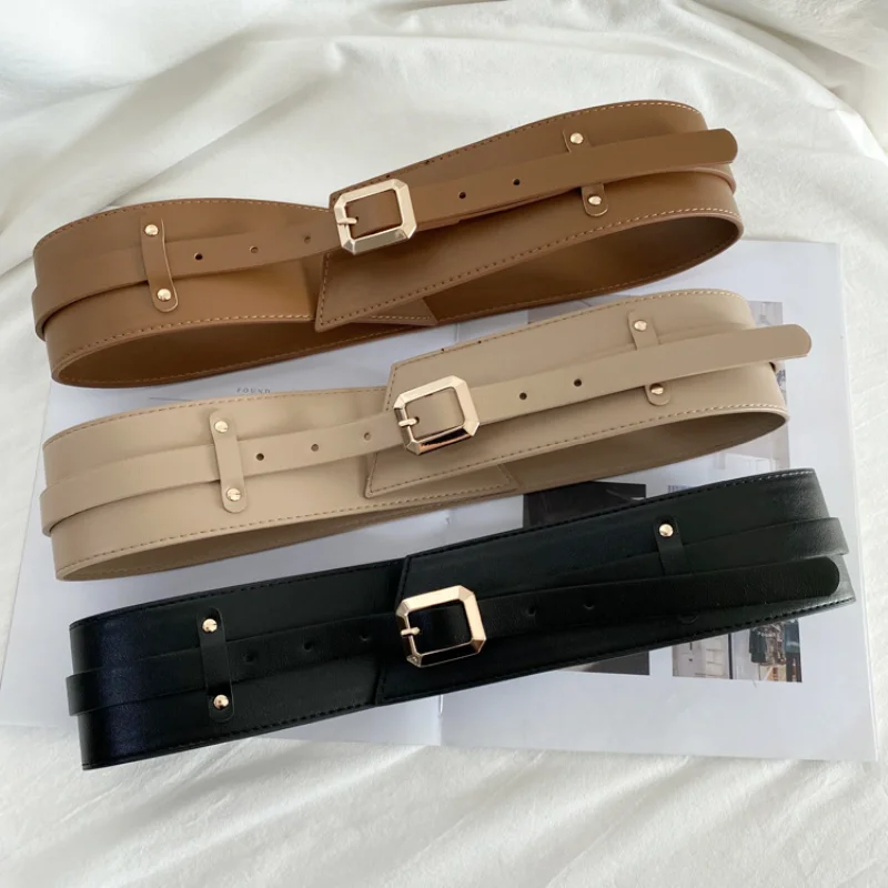 

New Knot Belts for Coat Khaki Super Wide Cummerbunds Dress Black Soft Pu Leather Waistbands Sexy Gold Pin Buckle Waist Seal Lady